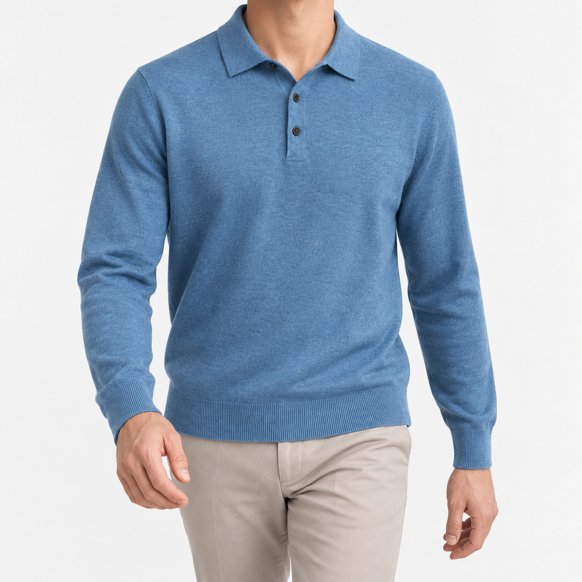 Fine knit long sleeve wool blend polo in light blue, front model view