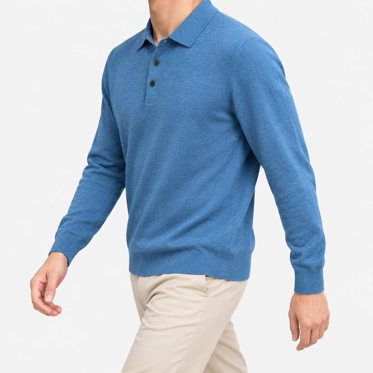 Fine knit long sleeve wool blend polo in light blue, three-quarter model view