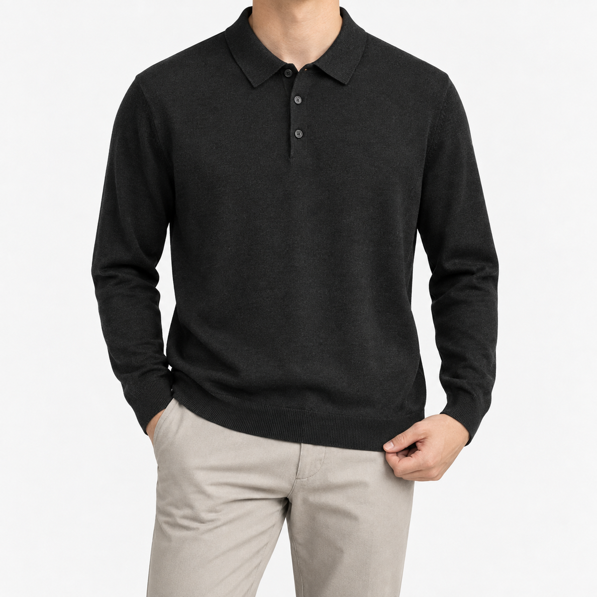 Fine knit long sleeve wool blend polo in black, front model view