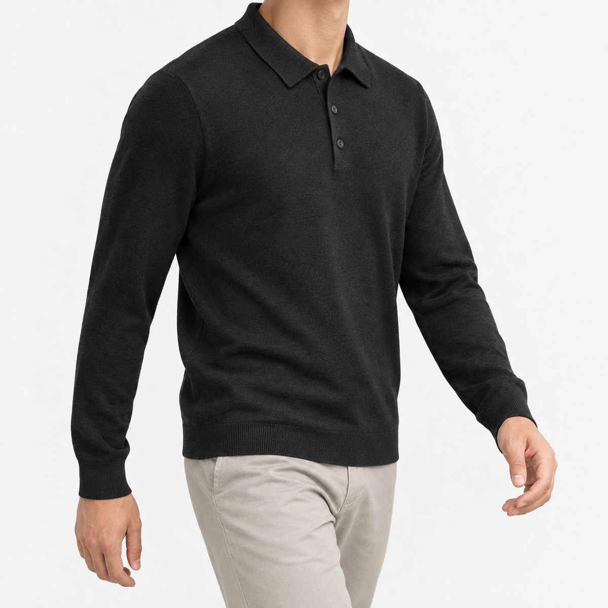 Fine knit long sleeve wool blend polo in black, three-quarter model view