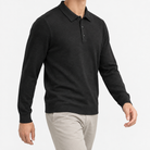 Fine knit long sleeve wool blend polo in black, three-quarter model view