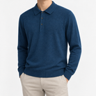 Fine knit long sleeve wool blend polo in deep blue, front model view