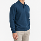 Fine knit long sleeve wool blend polo in deep blue, three-quarter model view