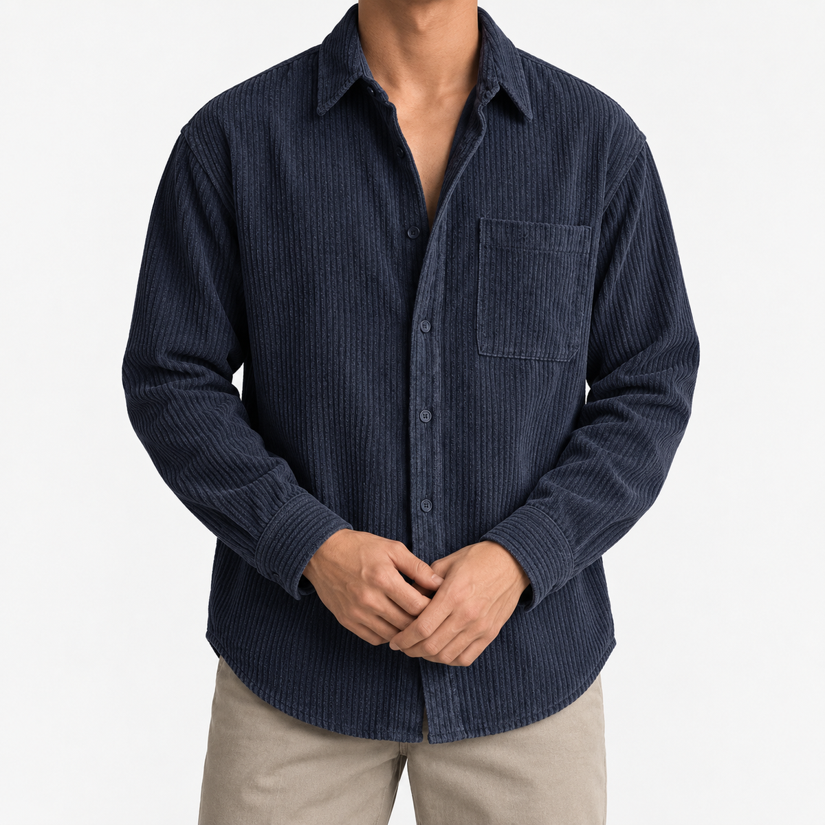 Relaxed corduroy shirt with a curved hem in navy blue, front model view
