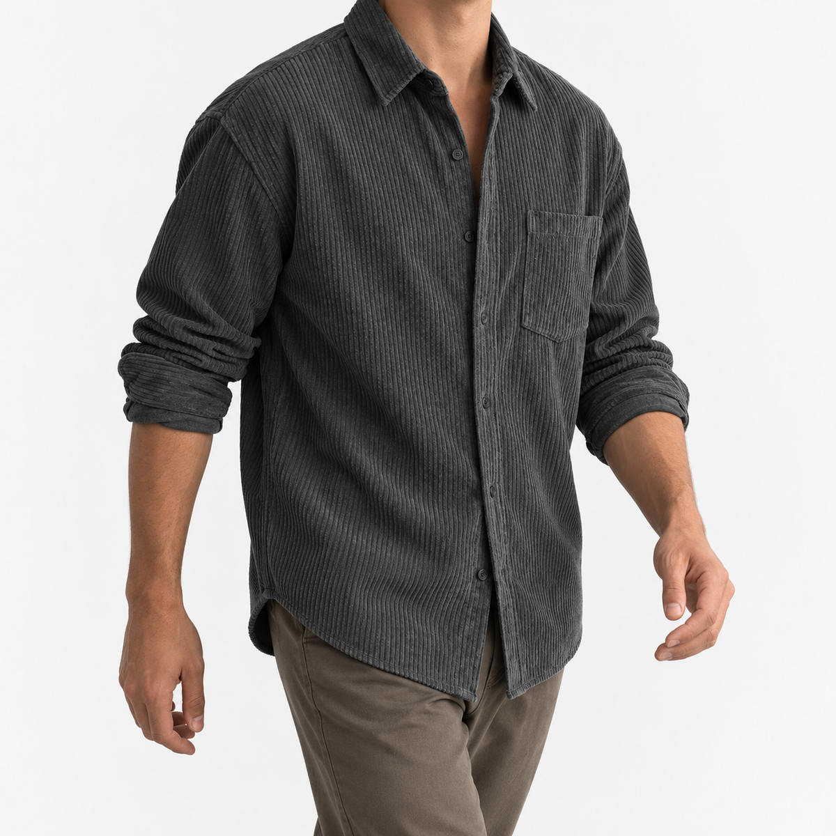 Relaxed corduroy shirt with a curved hem in charcoal, three-quarter model view