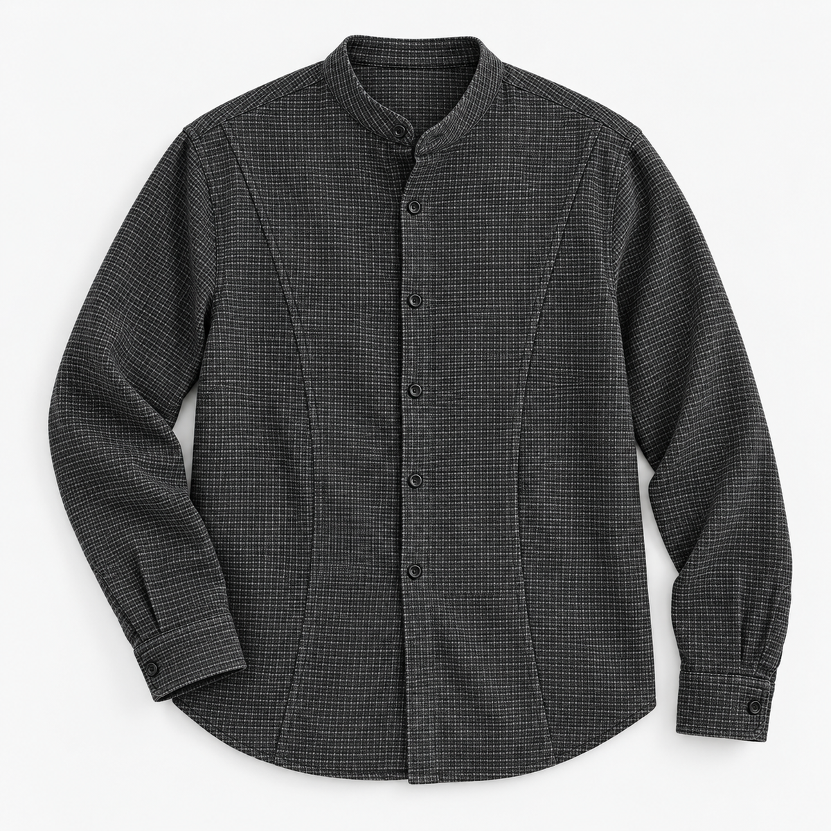Microcheck band collar shirt with panel seams in dark gray, product view