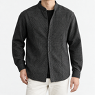 Microcheck band collar shirt with panel seams in dark gray, front model view