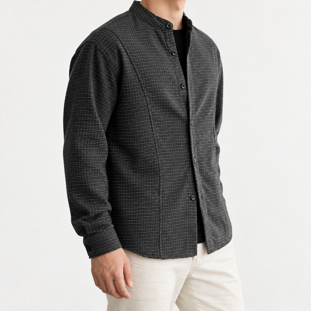 Microcheck band collar shirt with panel seams in dark gray, three-quarter model view
