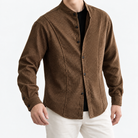 Microcheck band collar shirt with panel seams in khaki, front model view