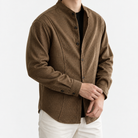 Microcheck band collar shirt with panel seams in khaki, three-quarter model view
