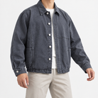 Washed cotton jacket with a gathered hem in slate gray, front model view