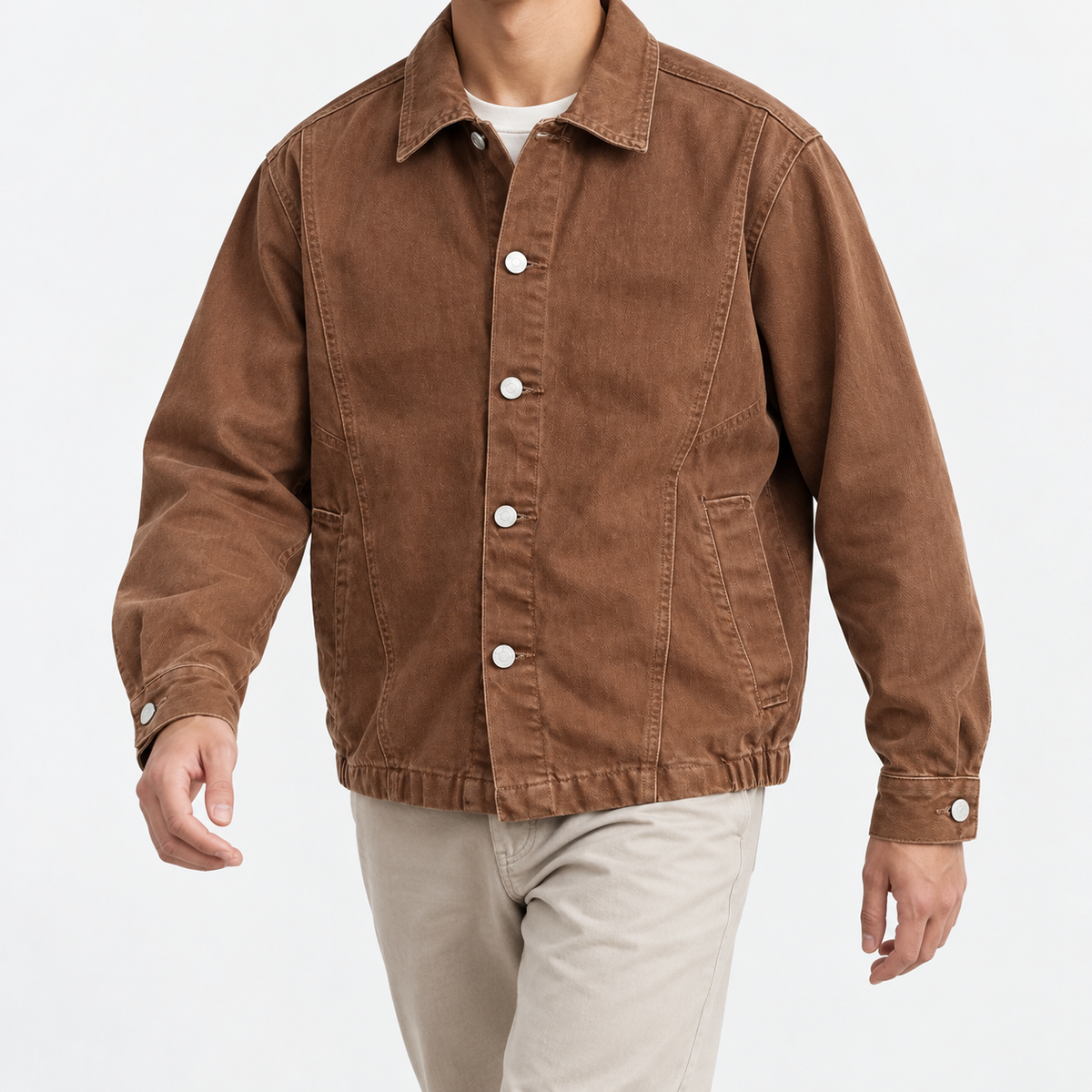 Washed cotton jacket with a gathered hem in rust brown, front model view