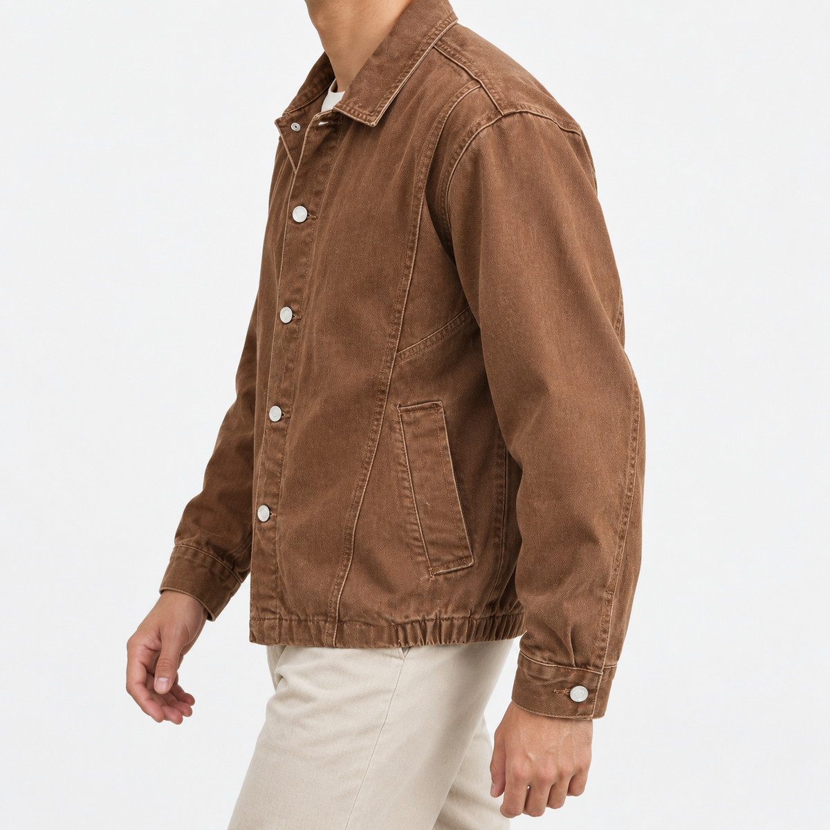 Washed cotton jacket with a gathered hem in rust brown, three-quarter model view