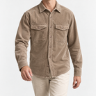 Washed cotton corduroy double pocket shirt in light khaki, front model view