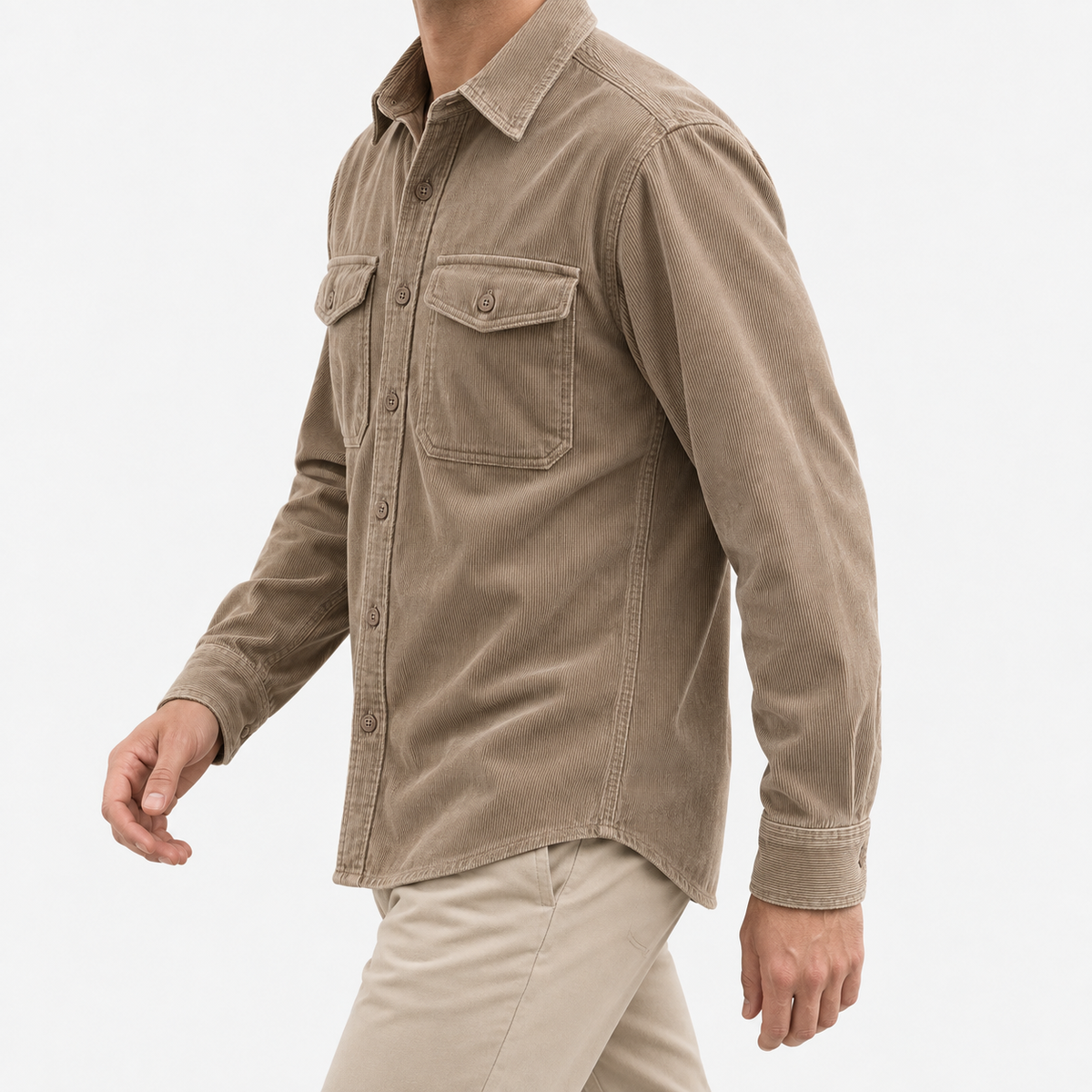 Washed cotton corduroy double pocket shirt in light khaki, three-quarter model view