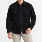 Washed cotton corduroy double pocket shirt in midnight blue, front model view