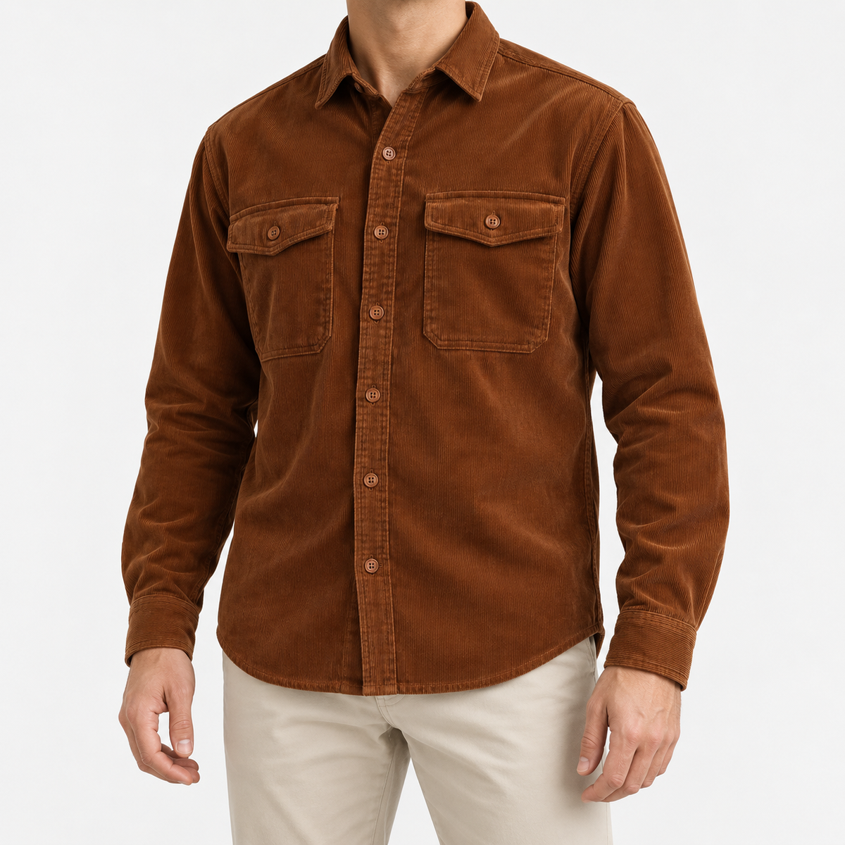 Washed cotton corduroy double pocket shirt in cognac, front model view