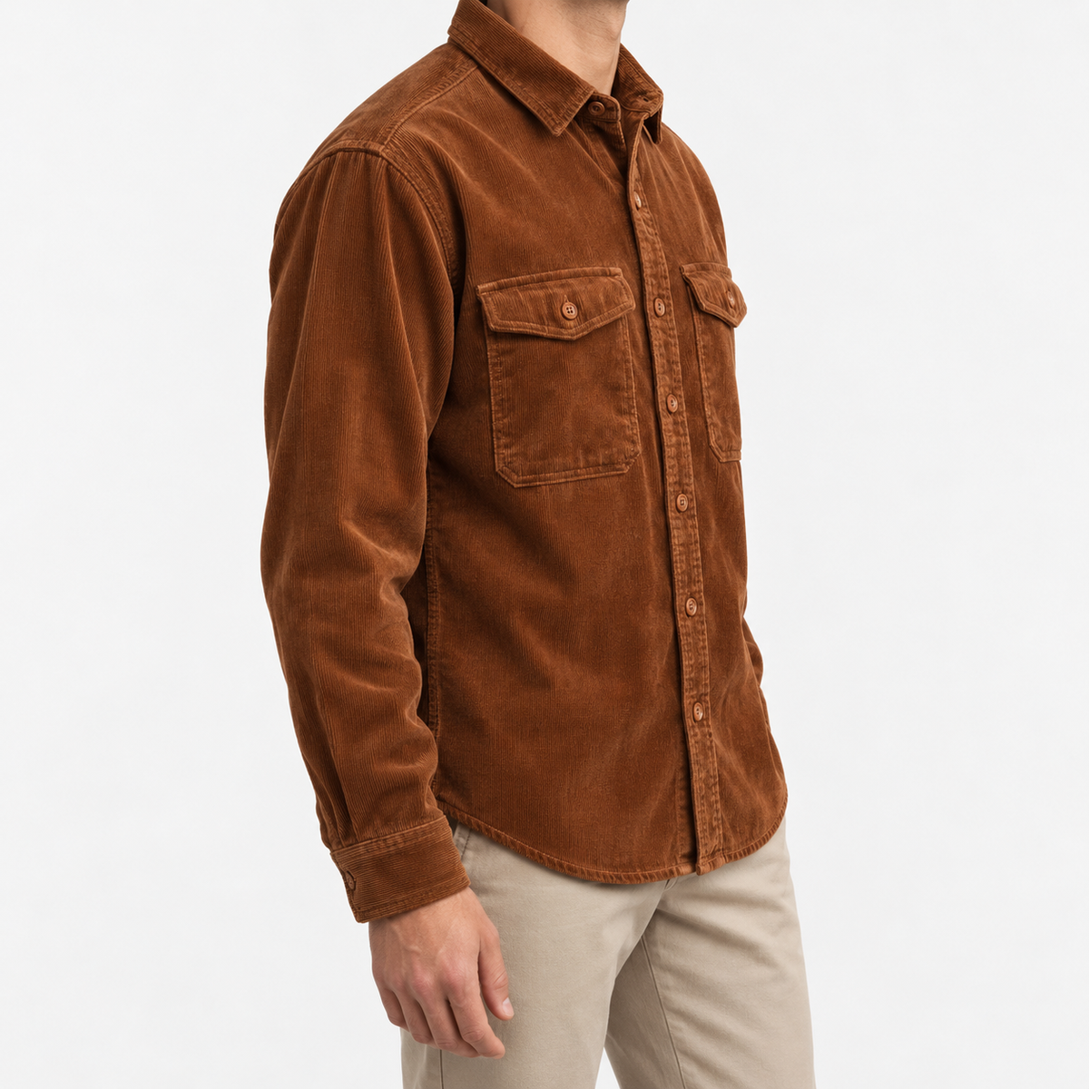 Washed cotton corduroy double pocket shirt in cognac, three-quarter model view