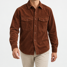 Washed cotton corduroy double pocket shirt in rust brown, front model view