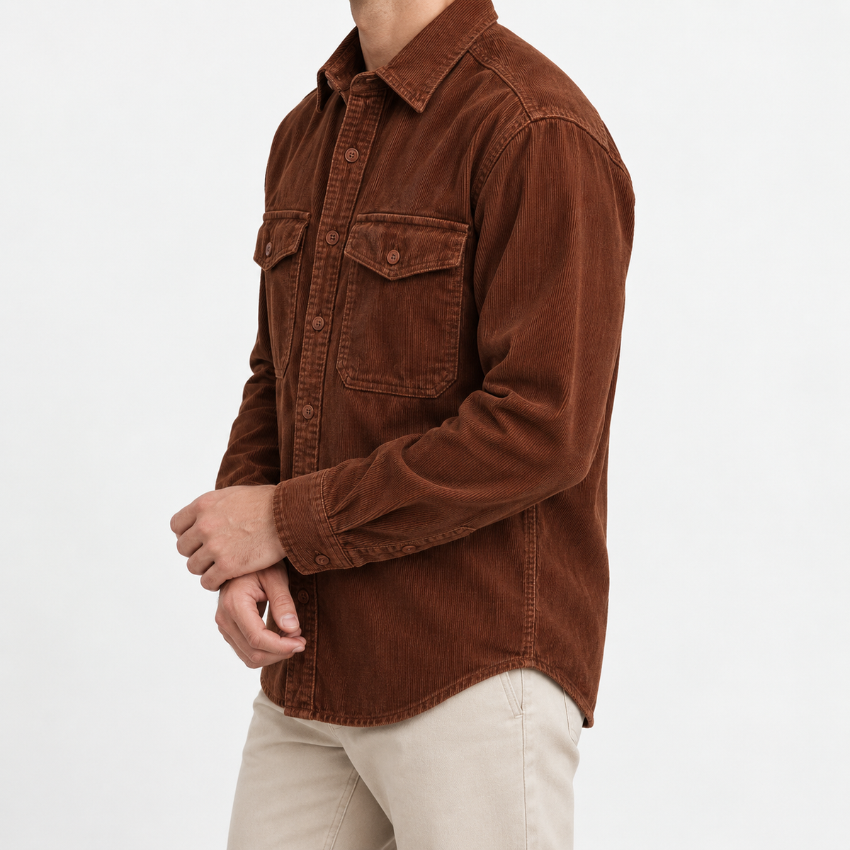 Washed cotton corduroy double pocket shirt in rust brown, three-quarter model view