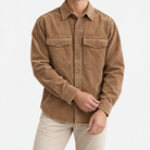 Washed cotton corduroy double pocket shirt in khaki, front model view