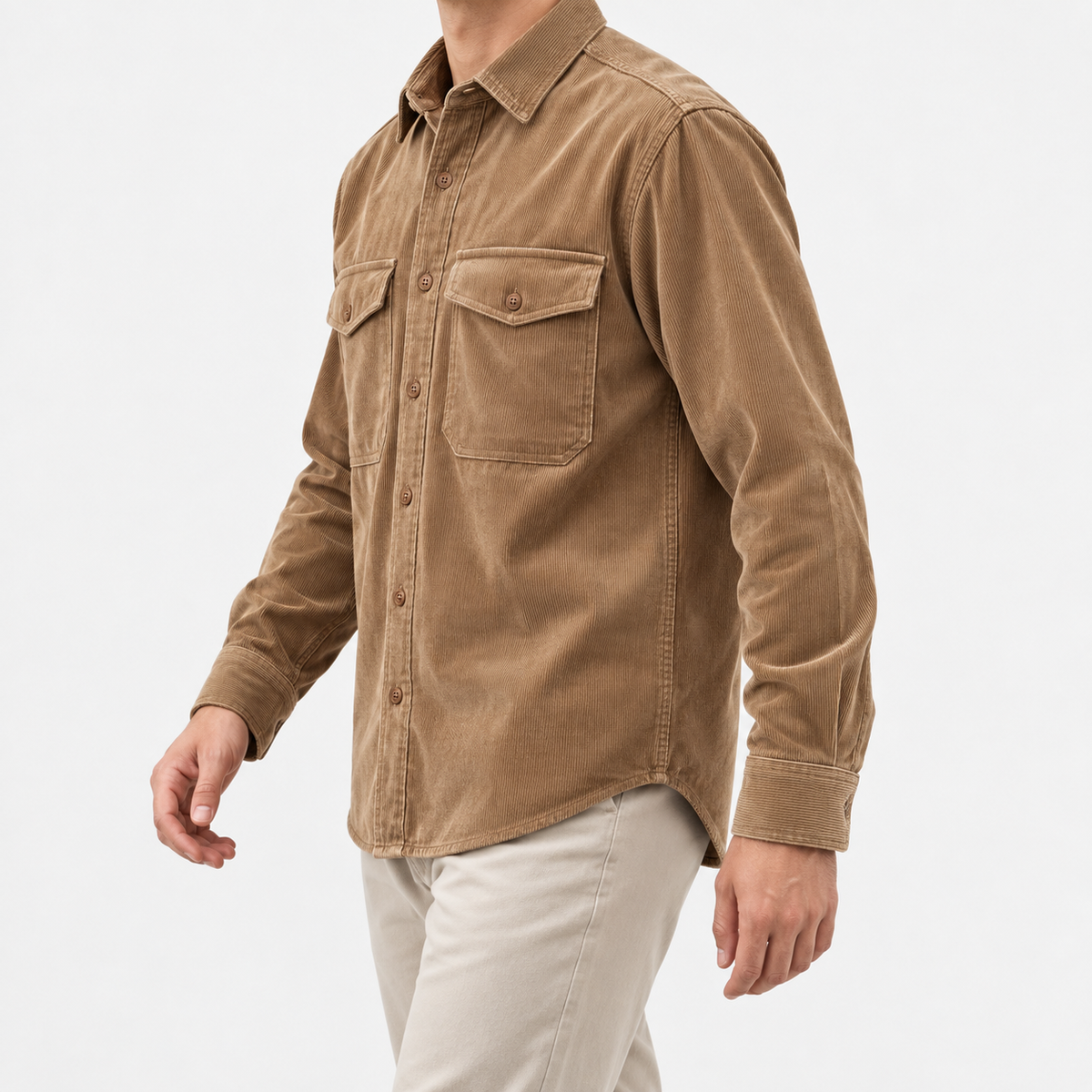 Washed cotton corduroy double pocket shirt in khaki, three-quarter model view