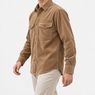 Washed cotton corduroy double pocket shirt in khaki, three-quarter model view