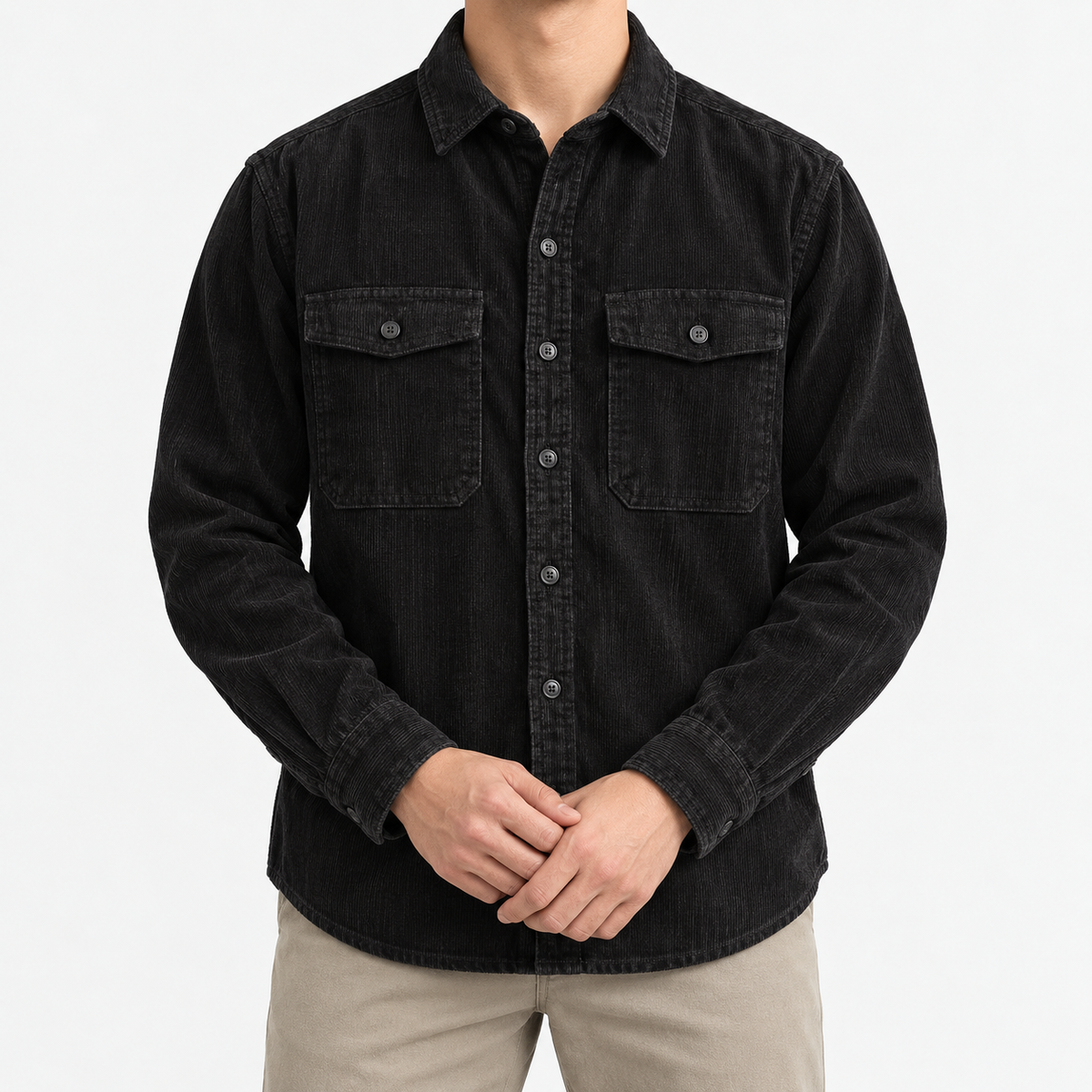 Washed cotton corduroy double pocket shirt in black, front model view
