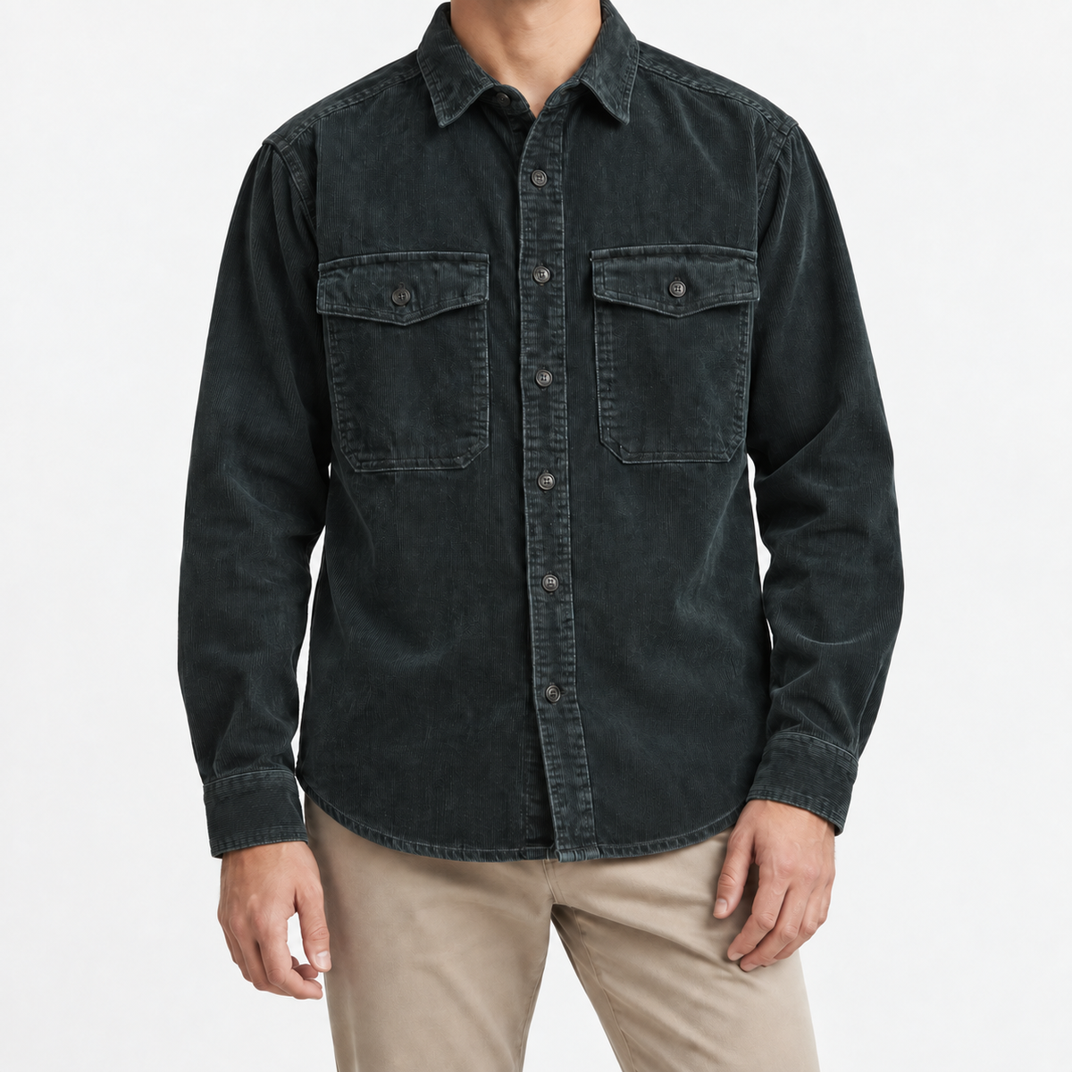 Washed cotton corduroy double pocket shirt in deep teal, front model view