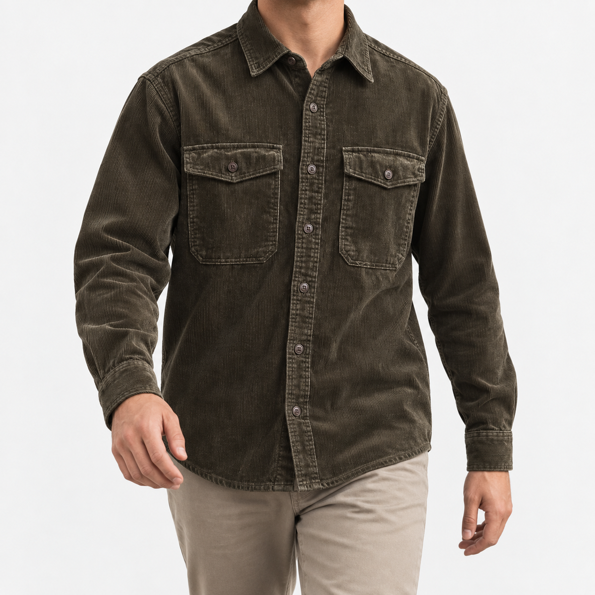 Washed cotton corduroy double pocket shirt in olive green, front model view