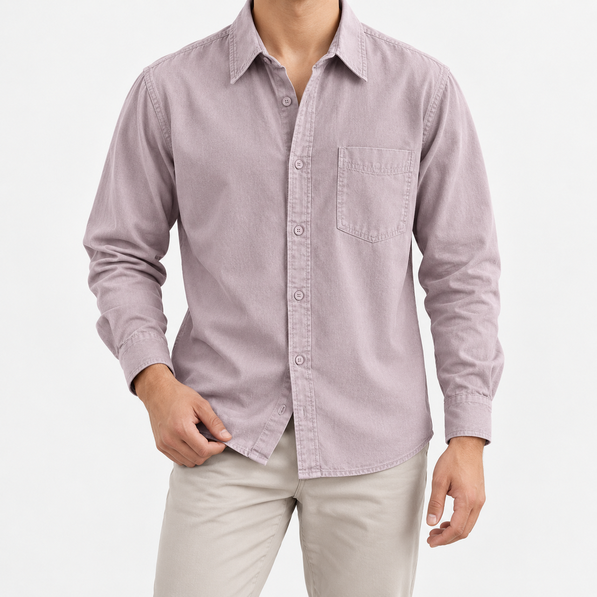 Cotton point collar shirt with a chest pocket in dusty lilac, front model view