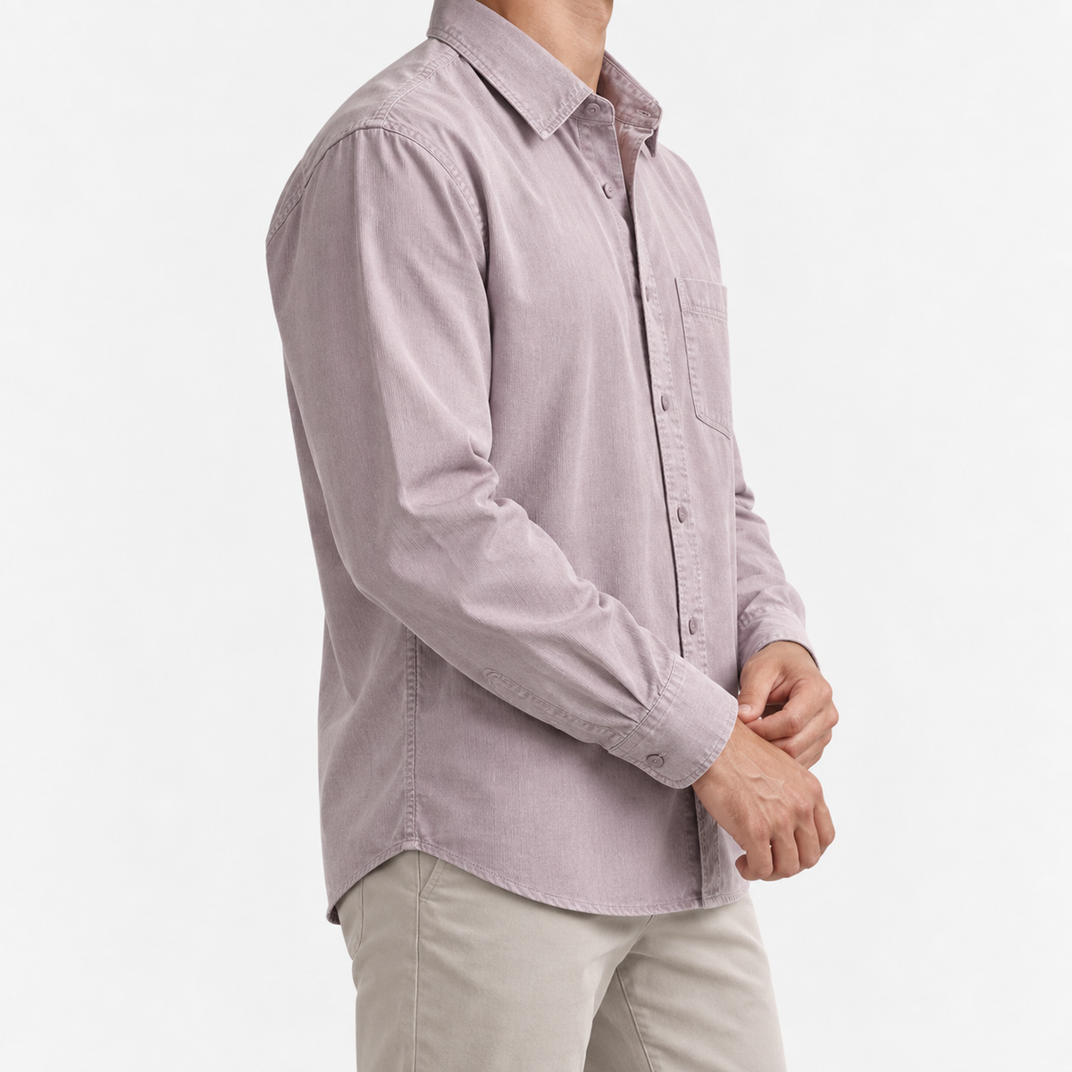 Cotton point collar shirt with a chest pocket in dusty lilac, three-quarter model view