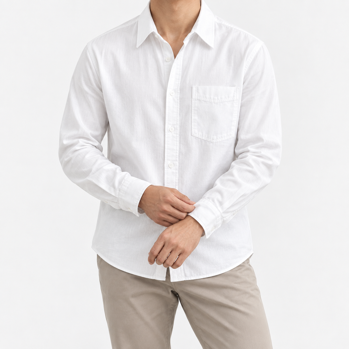 Cotton point collar shirt with a chest pocket in white, front model view