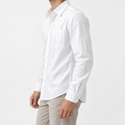 Cotton point collar shirt with a chest pocket in white, three-quarter model view