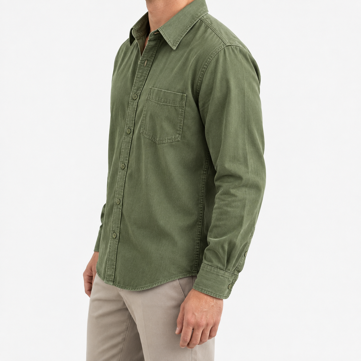 Cotton point collar shirt with a chest pocket in olive green, three-quarter model view