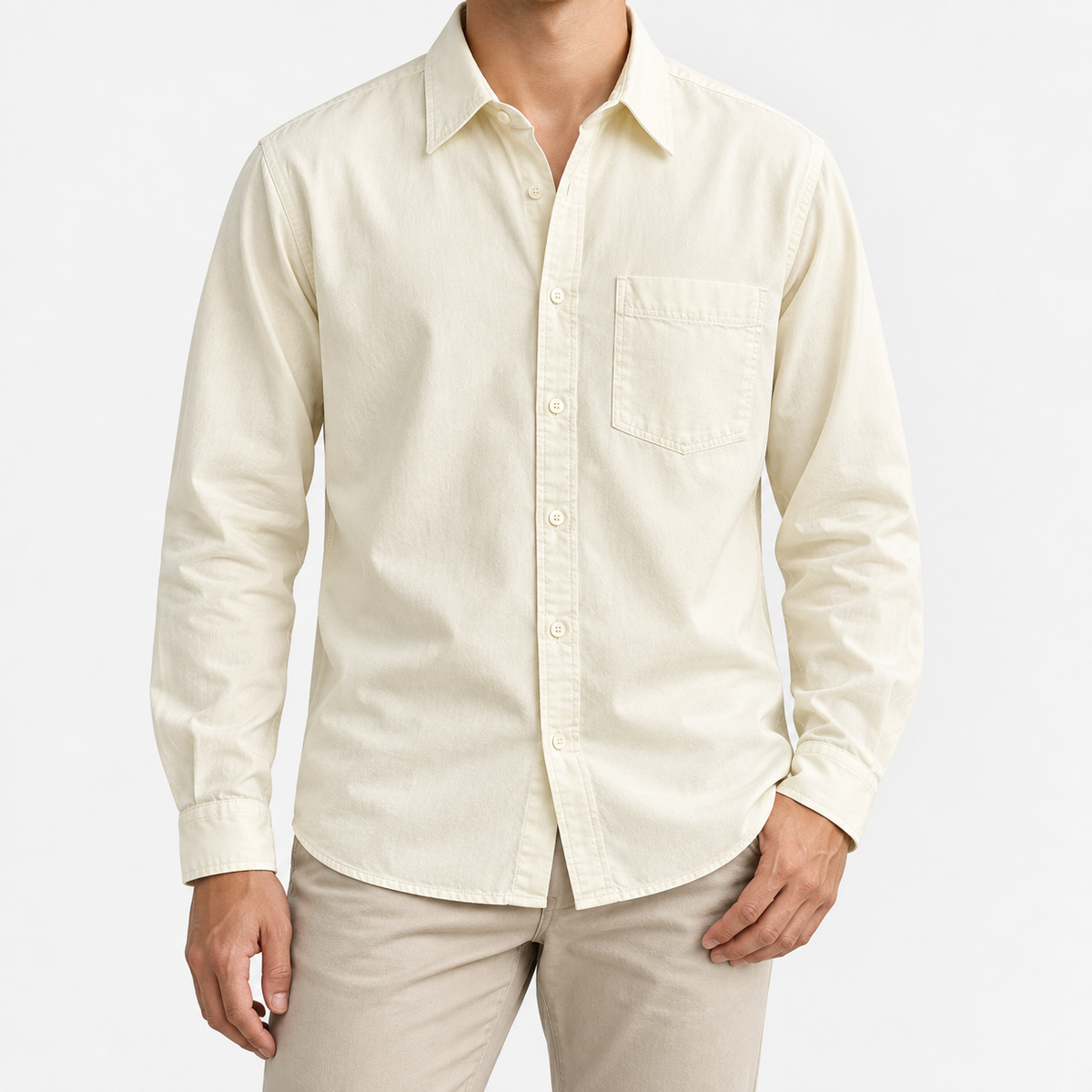 Cotton point collar shirt with a chest pocket in cream, front model view
