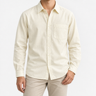 Cotton point collar shirt with a chest pocket in cream, front model view