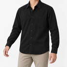 Cotton point collar shirt with a chest pocket in black, front model view