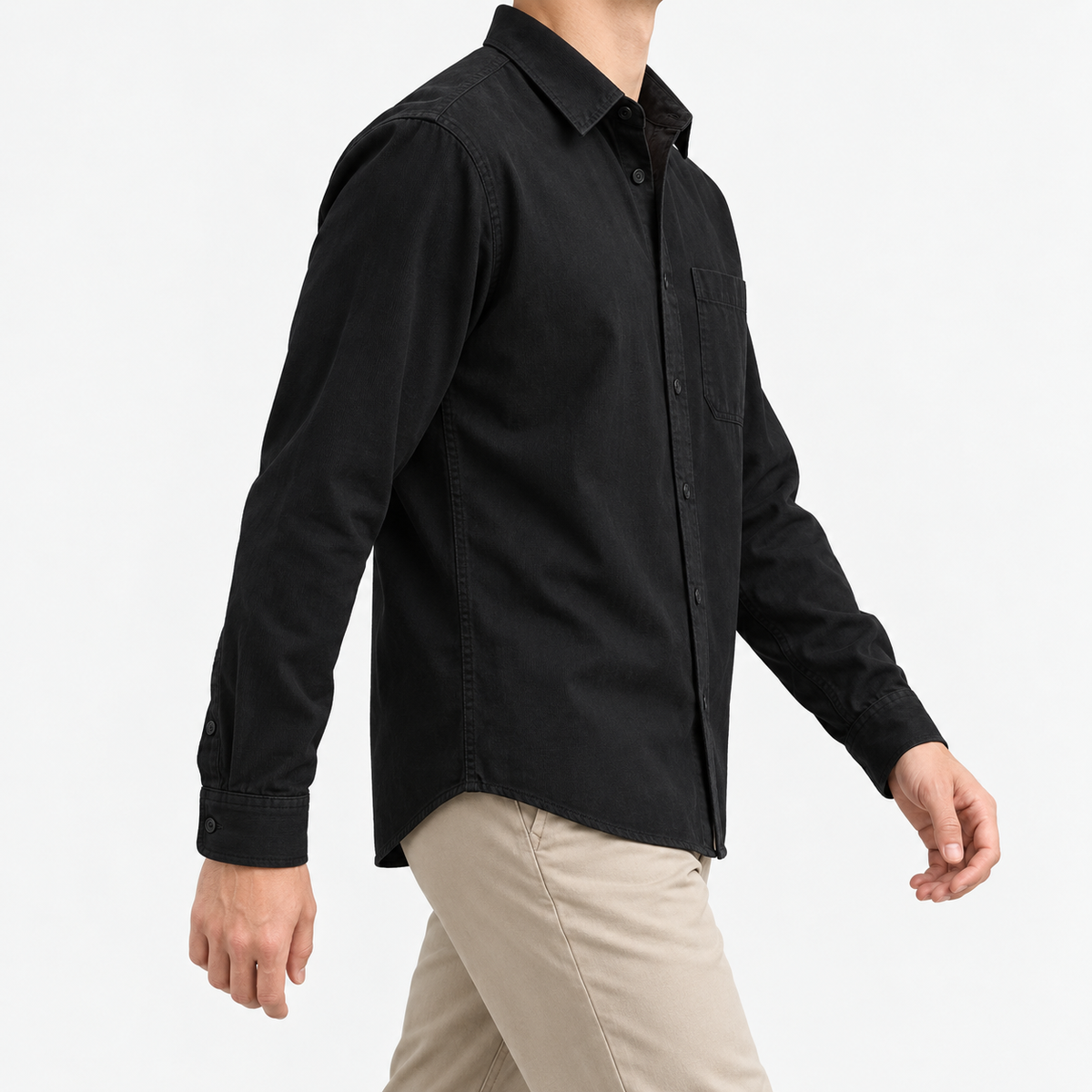 Cotton point collar shirt with a chest pocket in black, three-quarter model view