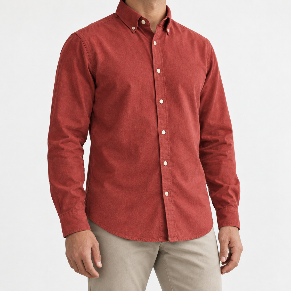 Brushed cotton oxford shirt with a button collar in brick red, front model view