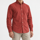 Brushed cotton oxford shirt with a button collar in brick red, front model view