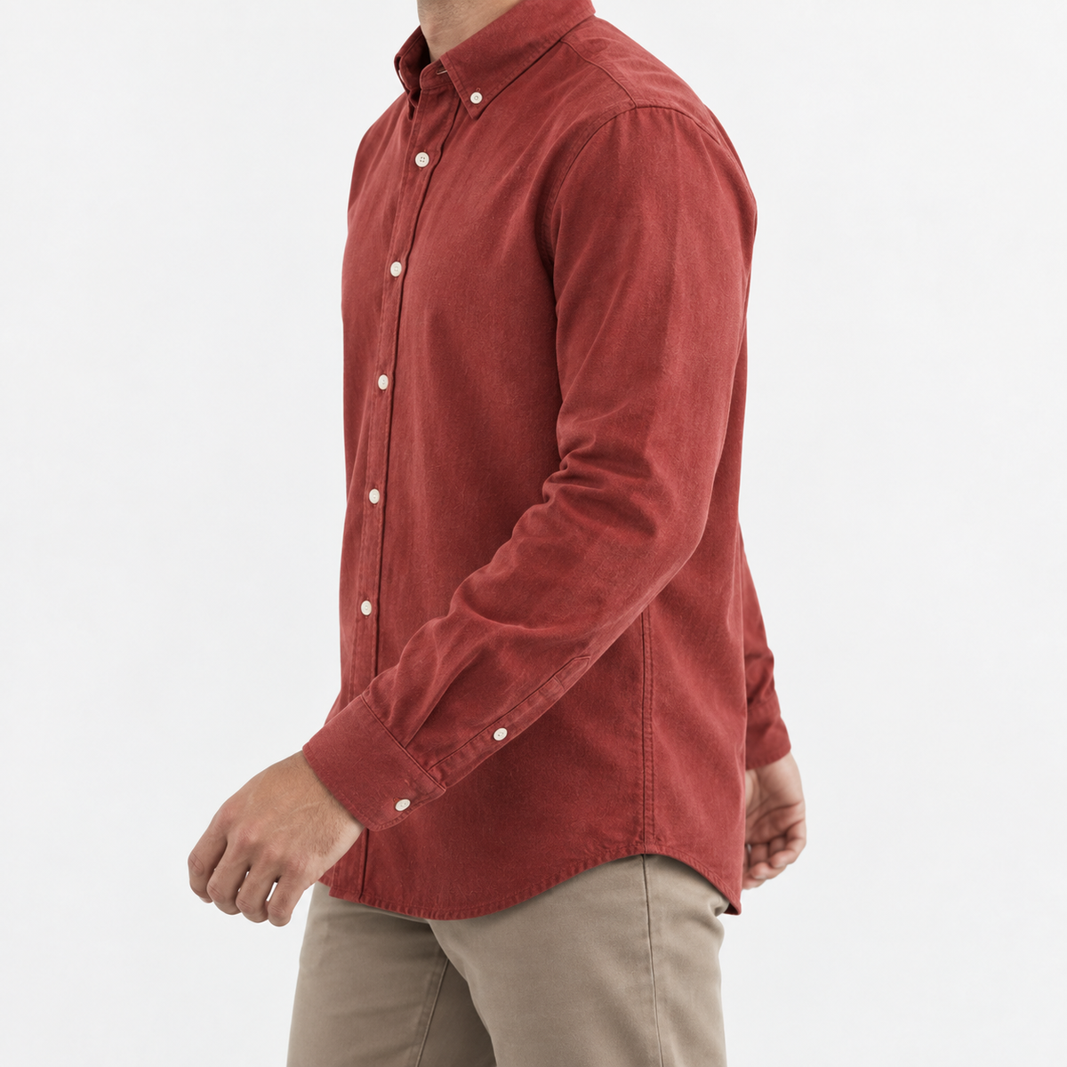 Brushed cotton oxford shirt with a button collar in brick red, three-quarter model view