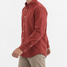 Brushed cotton oxford shirt with a button collar in brick red, three-quarter model view