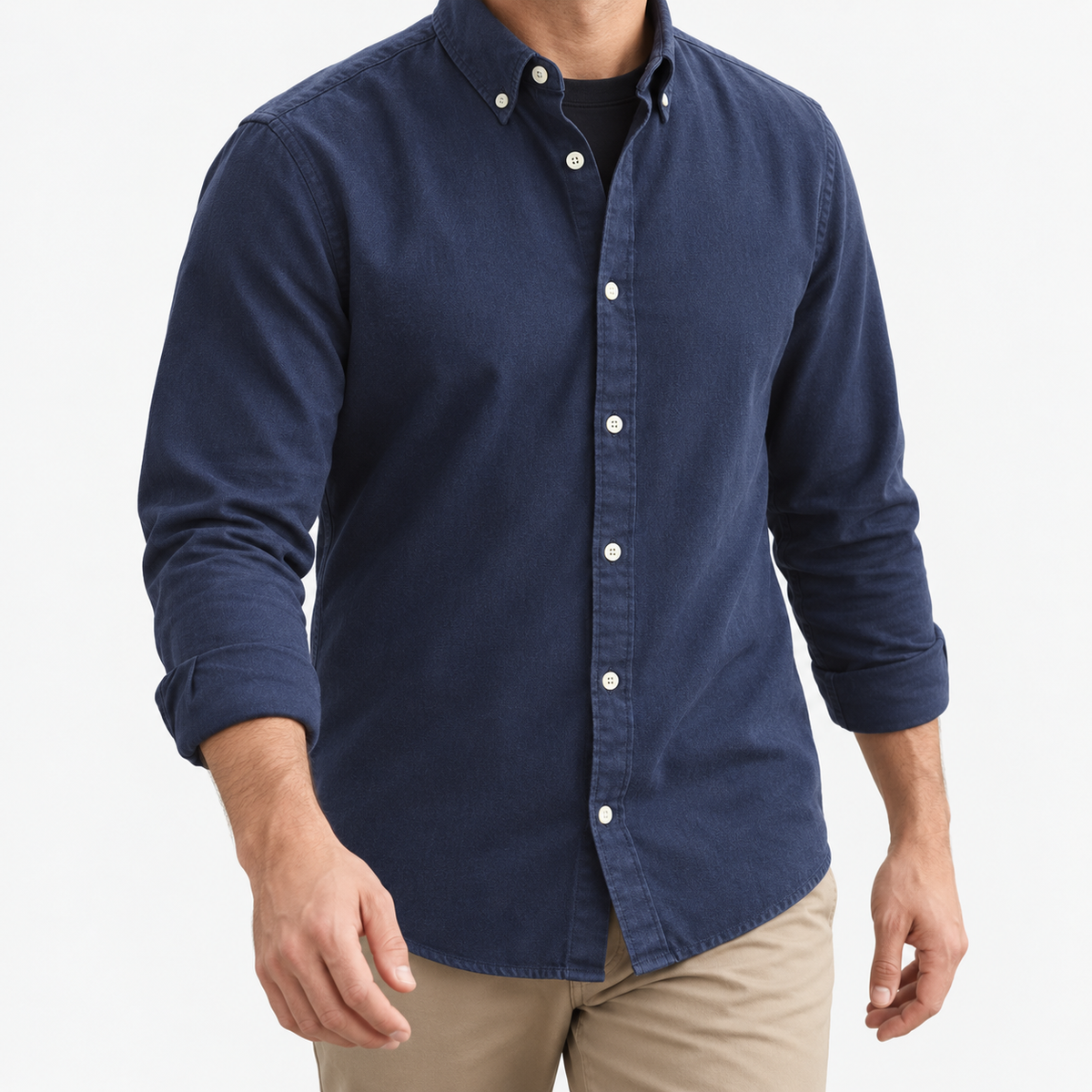 Brushed cotton oxford shirt with a button collar in navy blue, front model view