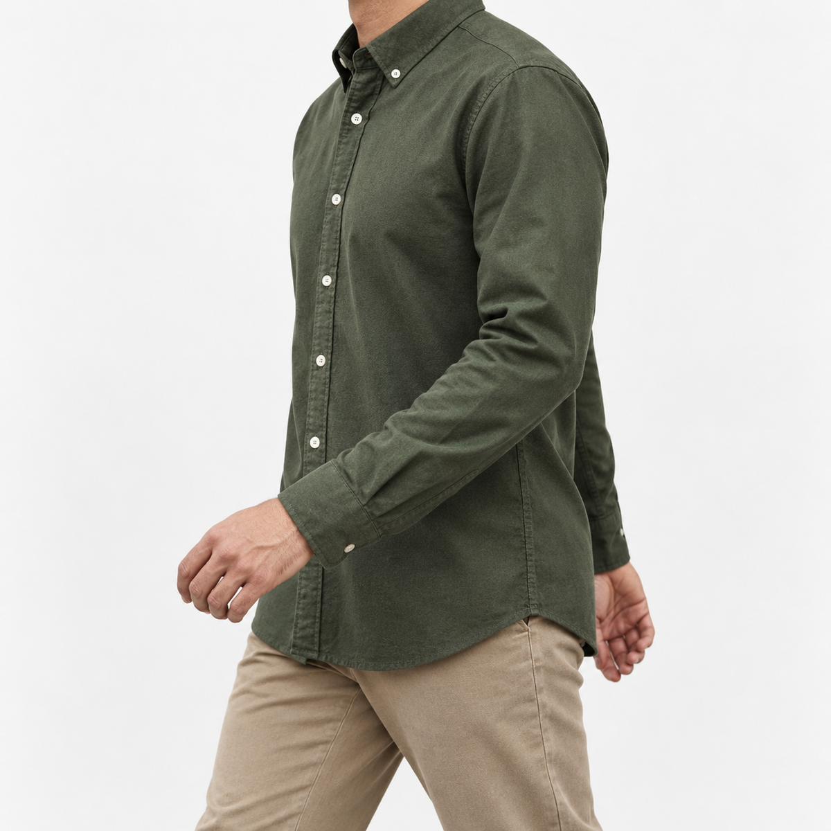 Brushed cotton oxford shirt with a button collar in olive green, three-quarter model view