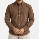 Brushed cotton oxford shirt with a button collar in brown, front model view