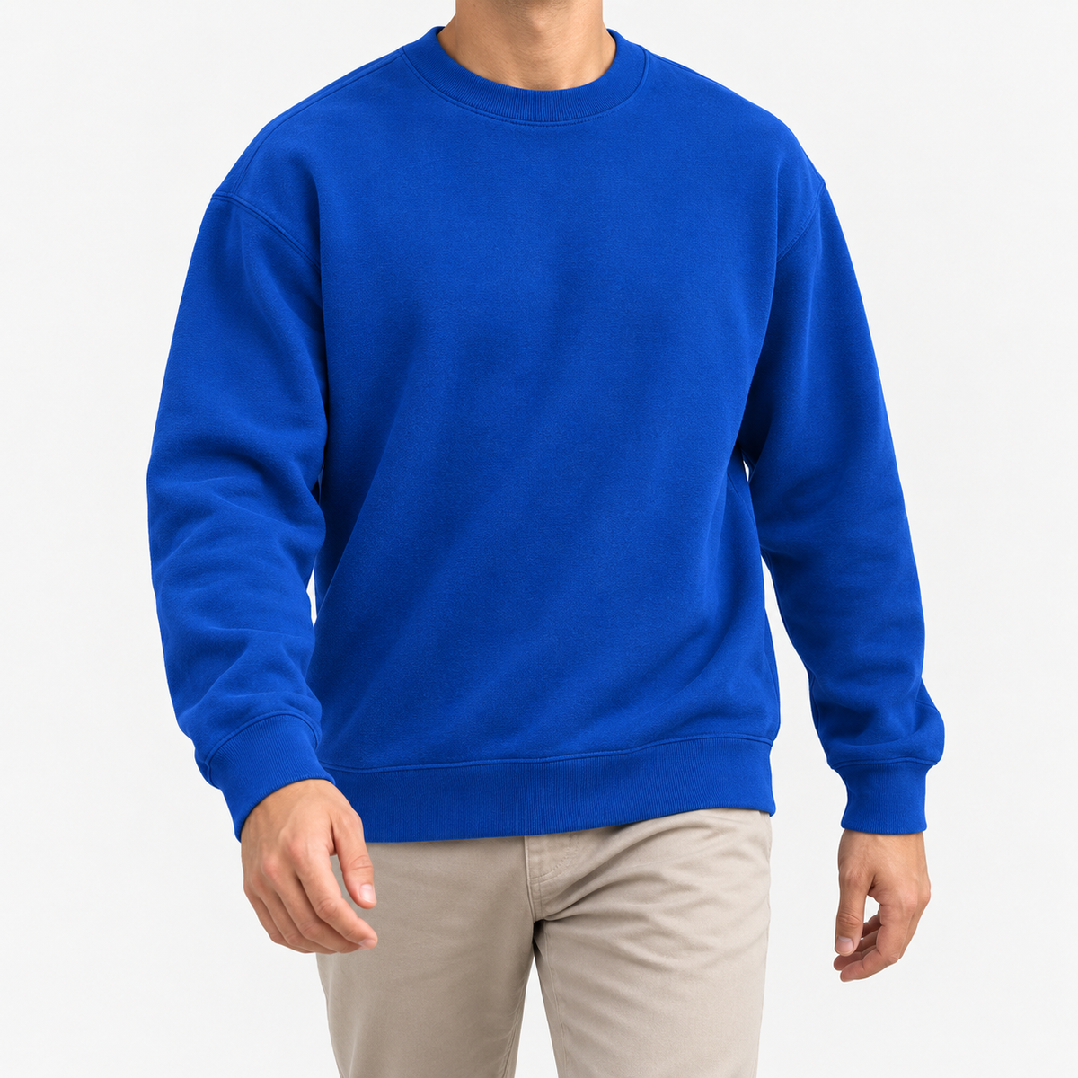 Heavyweight cotton crew neck sweatshirt in royal blue, front model view