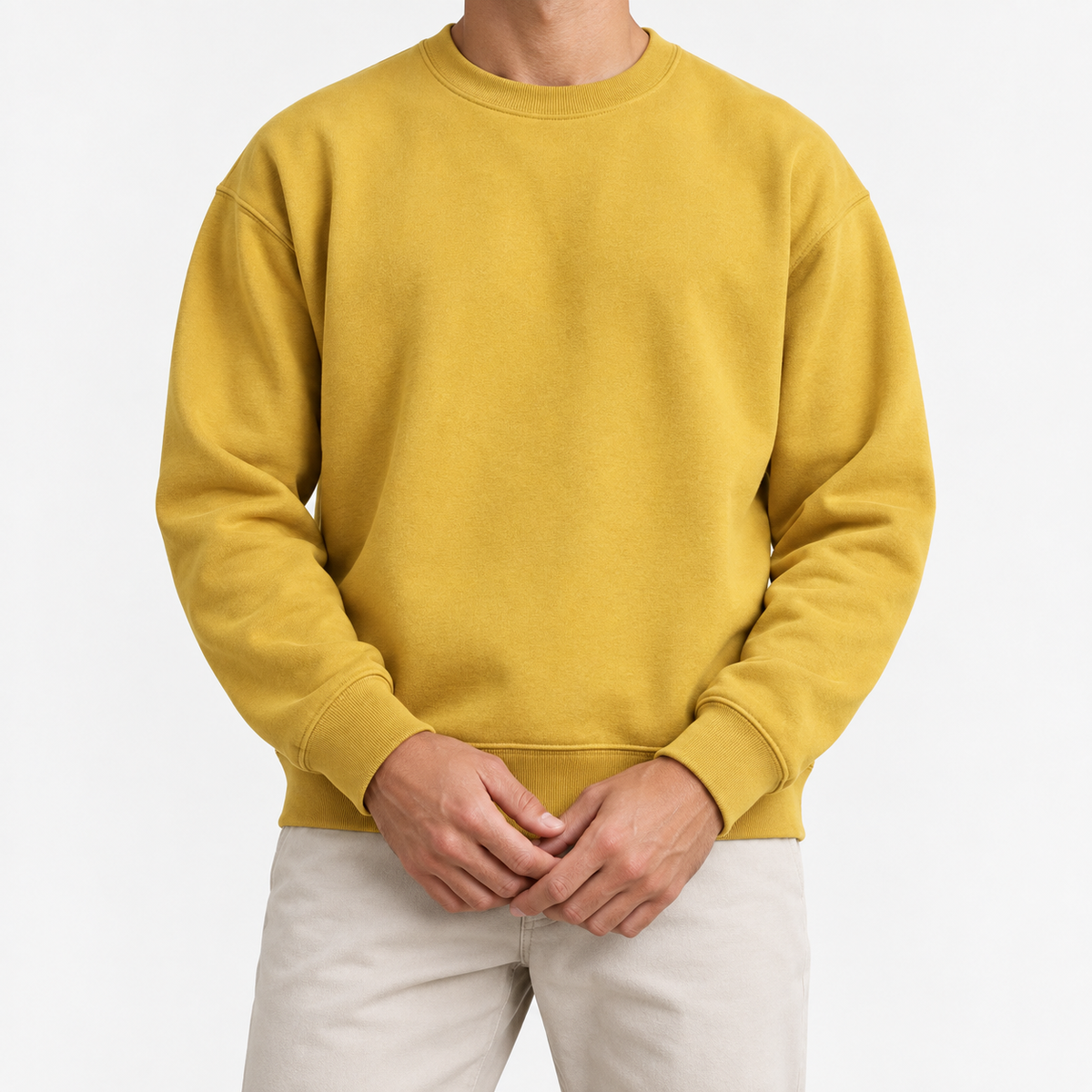 Heavyweight cotton crew neck sweatshirt in mustard, front model view