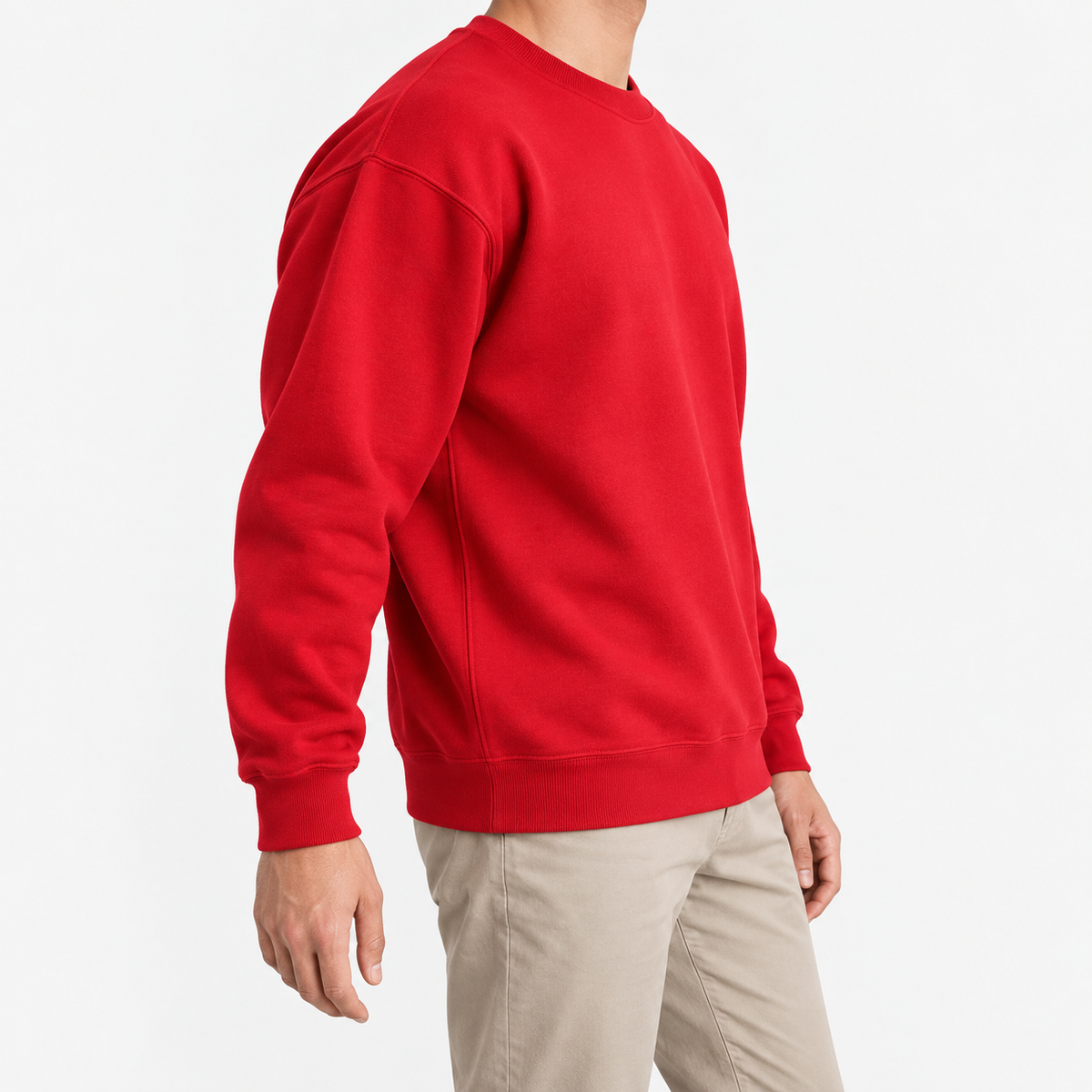 Heavyweight cotton crew neck sweatshirt in red, three-quarter model view