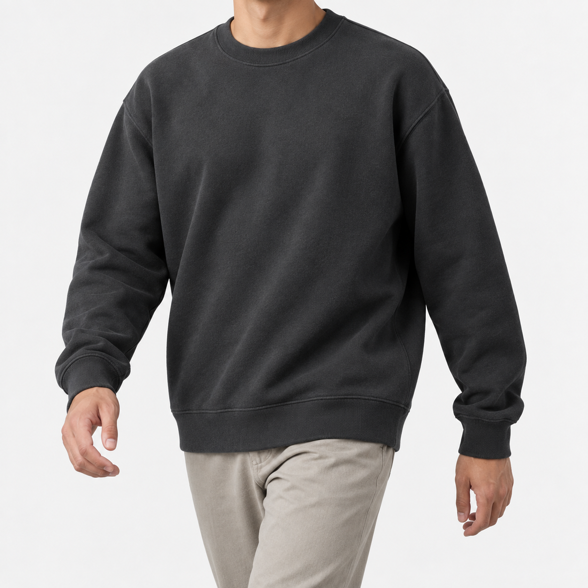 Heavyweight cotton crew neck sweatshirt in dark gray, front model view